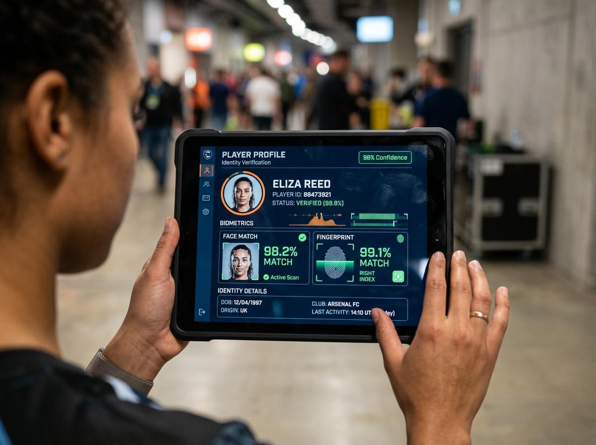 Digital identity verification tablet showing player profile