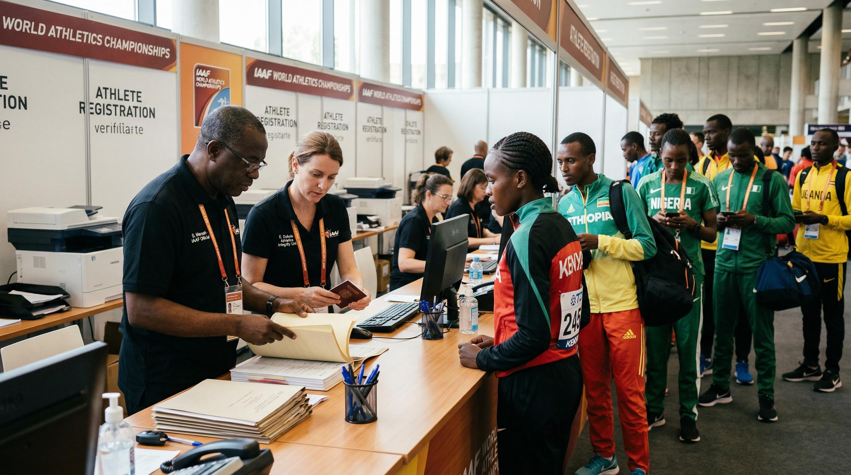 Federation officials reviewing athlete documentation at registration